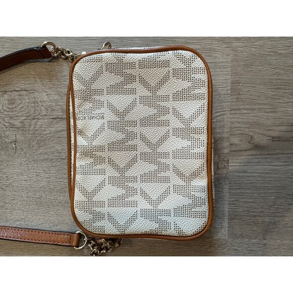 Michael Kors Jet Set Crossbody Bag – Vanilla Logo Fabric & Brown Leather Trim - Picture 6 of 7